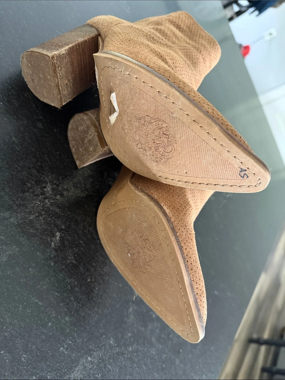 Vince Camuto Perforated Suede Tan Block Heel Ankle Booties